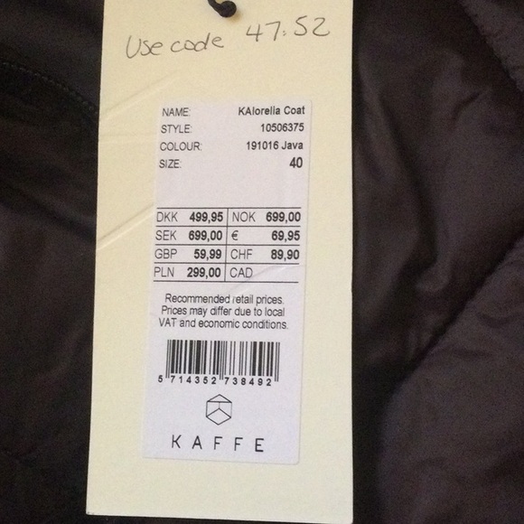 Kaffe KAlorelia Puffer Coat, Size 40, Dark Brown - Picture 8 of 8